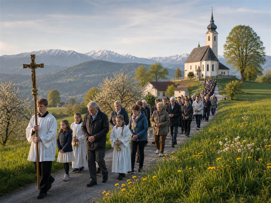 Feldweg mit Dorfkirche und Prozessionskreuz als Bittgang-Motiv zu Christi Himmelfahrt