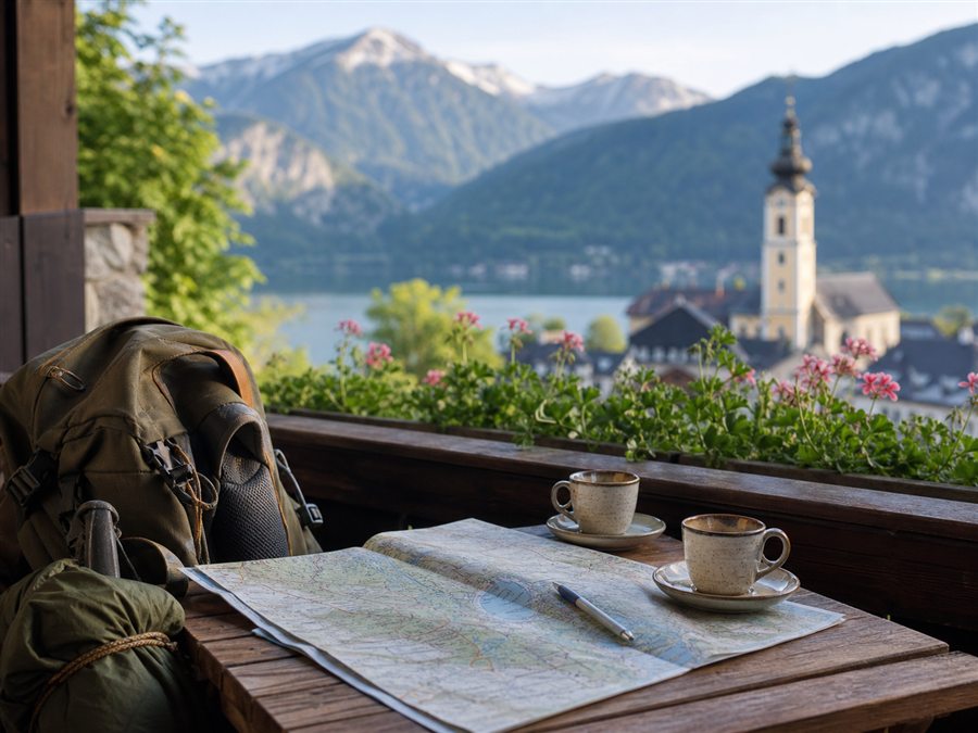 Gästehausbalkon mit Wanderkarte und Bergblick als Fenstertag-Idee zu Christi Himmelfahrt