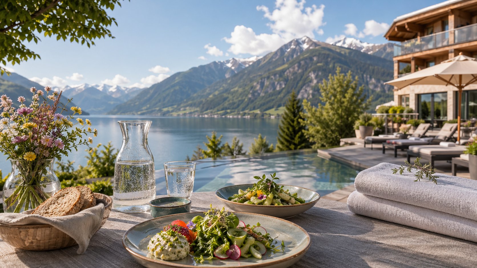 Hotelterrasse am See mit leichtem Mittagessen und Spa-Tüchern für ein langes Himmelfahrtswochenende