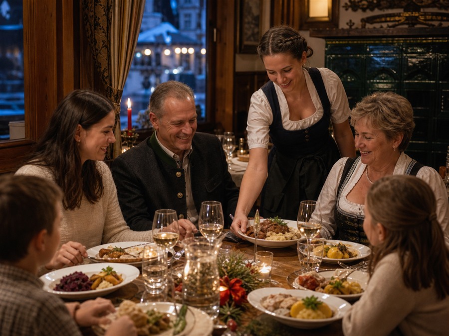 Reservierter Restauranttisch mit Kerzen und Festessen als Christtag-Planung
