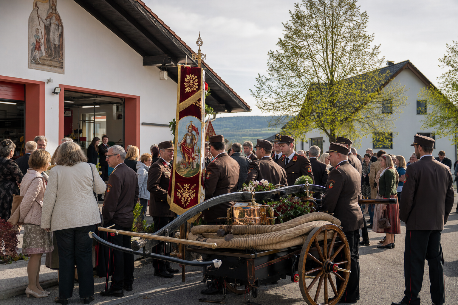 Oberösterreichische Feuerwehrgemeinschaft am Florianitag mit Traditionsfahne und historischer Handpumpe