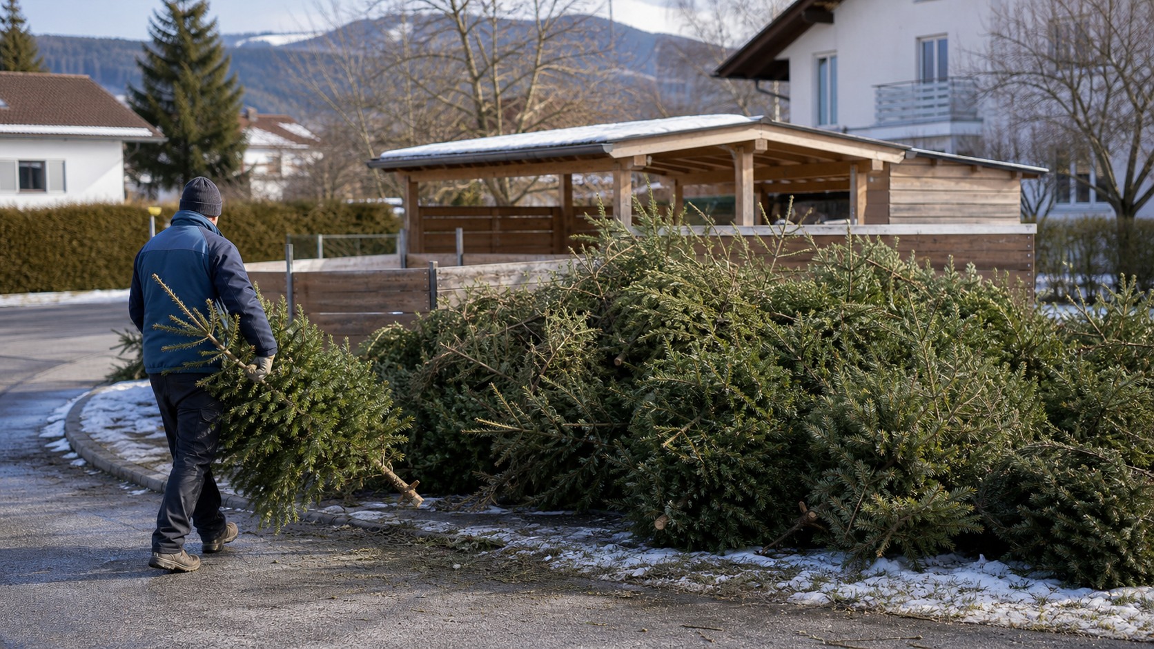 Abgeräumte Christbäume warten nach dem Dreikönigstag an einer Sammelstelle