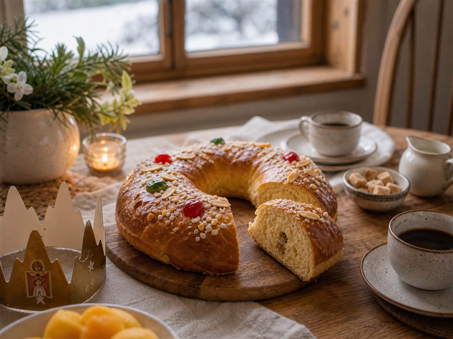 Dreikönigskuchen mit Papierkrone und Kaffee als Familienritual am 6. Jänner