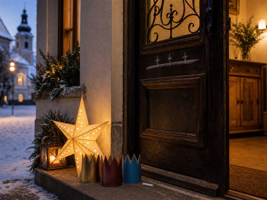Sternsinger-Laterne, Papierkronen und Kreide als Haussegen am 6. Jänner
