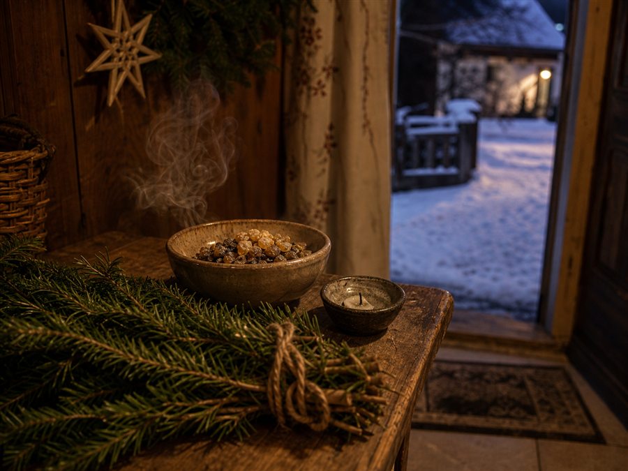 Räucherschale, Tannenzweige und Winterlicht als Raunächte-Motiv rund um Dreikönig