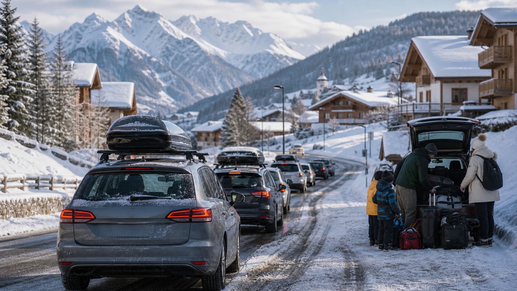 Winterlicher Rückreiseverkehr mit Skiurlaubern am Ende der Weihnachtsferien