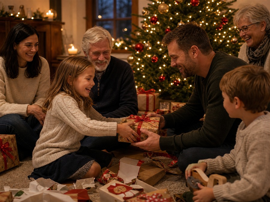 Weihnachtsbaum, Kerzen und Geschenke als ruhige Bescherung am Heiligen Abend