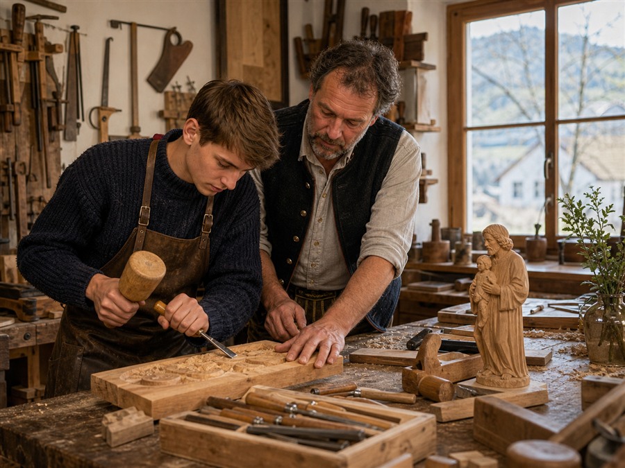 Werkbank mit Hobel, Holzspänen und Frühlingsblumen als Josefitag-Motiv