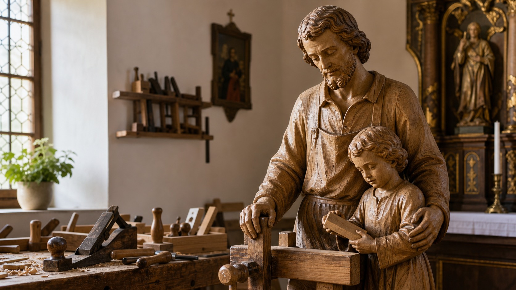 Holzstatue des Heiligen Josef mit Zimmermannswerkzeug in einer österreichischen Kirche