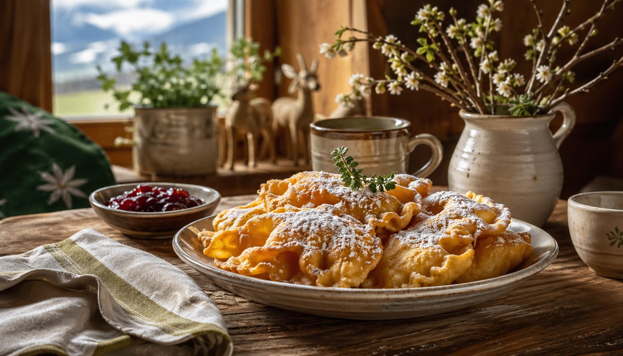 Rustikale österreichische Mehlspeise auf einem Frühlingstisch zum Josefitag