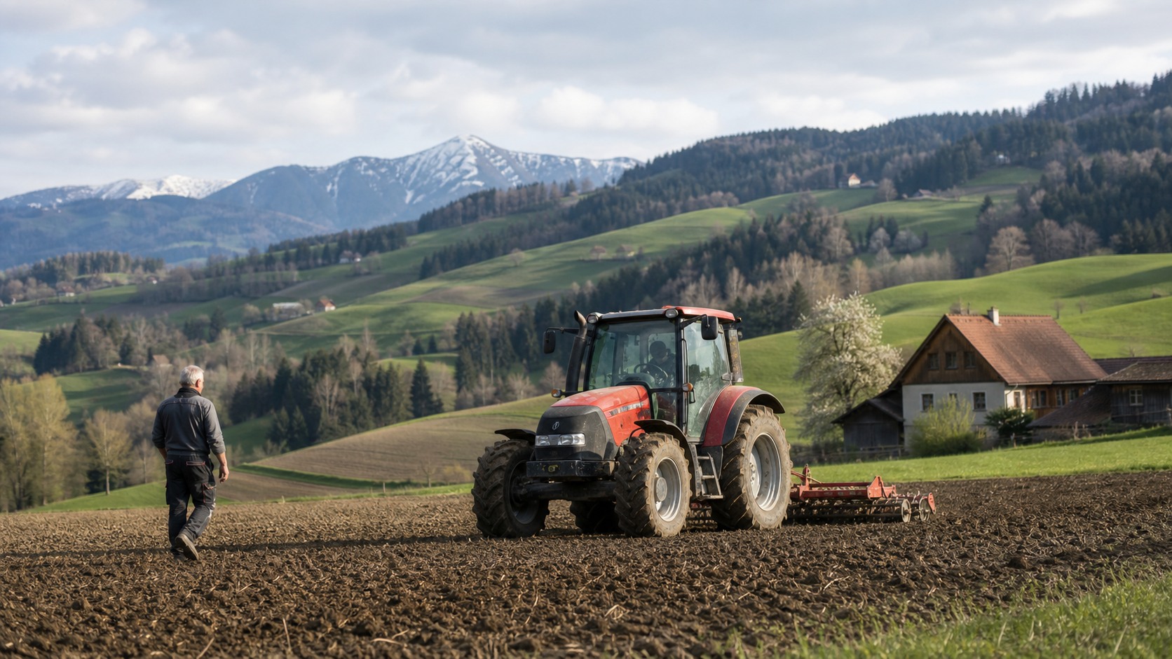 Traktor bei den ersten Frühlingsarbeiten auf einem steirischen Feld