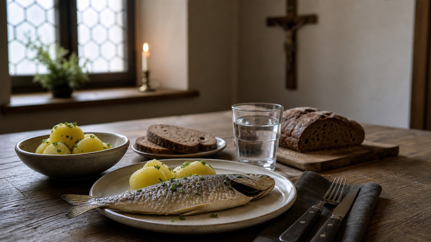 Schlichte Karfreitagsmahlzeit mit Fisch, Brot und Wasser