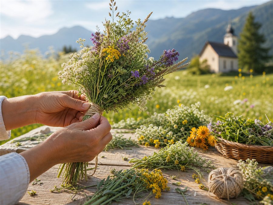 Hände binden frische Kräuter und Sommerblumen zu einem traditionellen Buschen