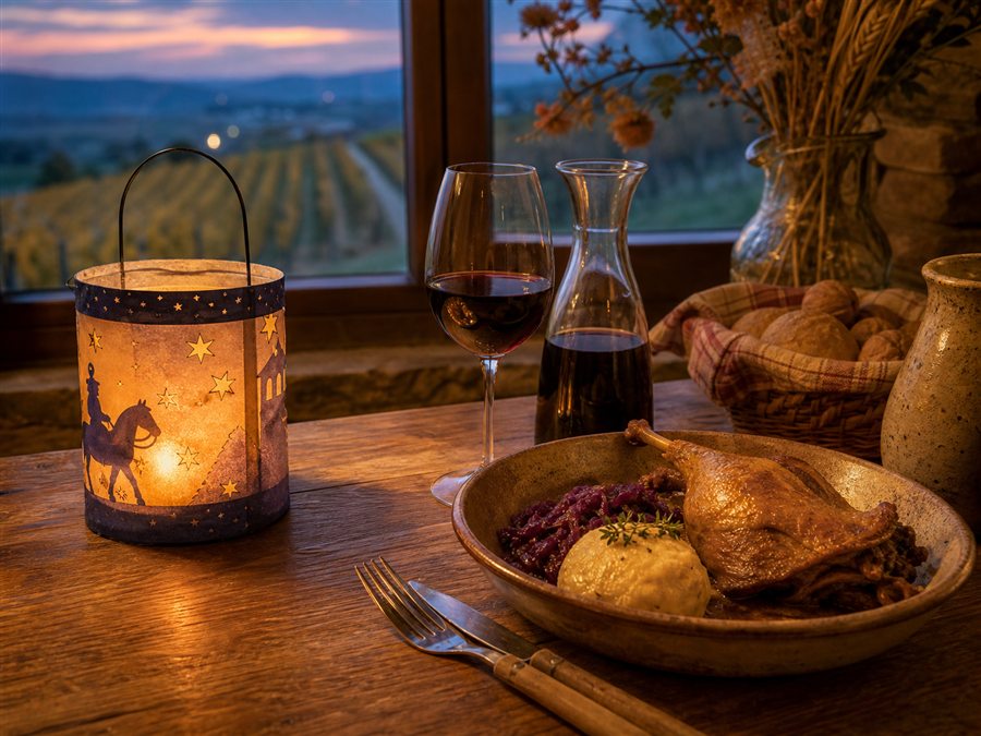 Laterne, junger Wein und Martini-Gedeck als Burgenland-Idee zum Martinitag