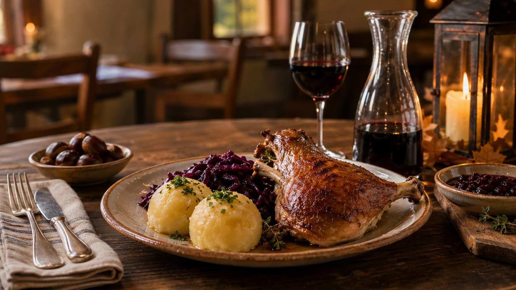 Traditionelles Martinigansl mit Rotkraut, Knödeln, Kastanien und jungem Wein in einem burgenländischen Wirtshaus