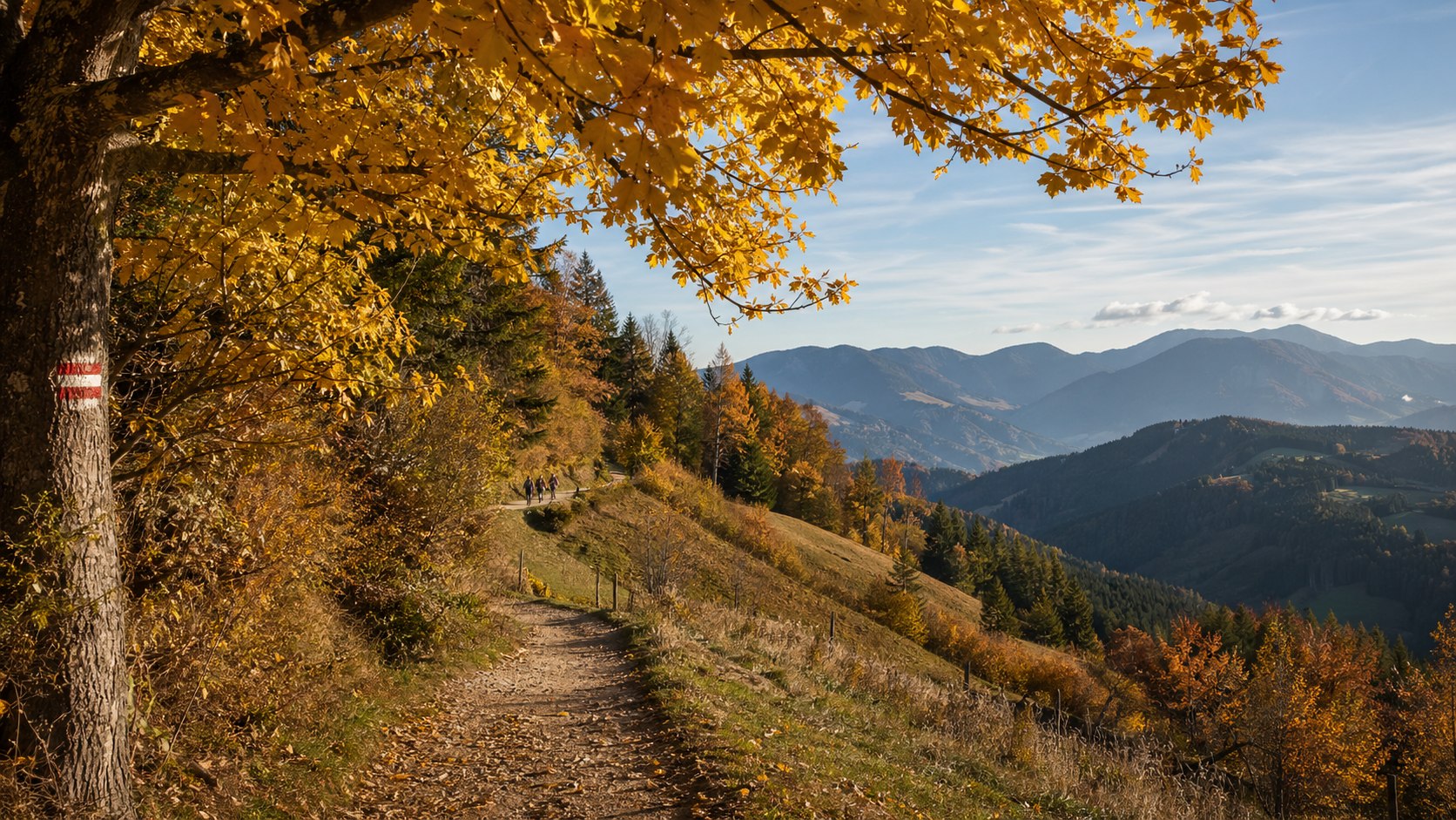 Goldener Herbstwanderweg in Österreich als Symbol für Volkswandertag und Ausflüge am Nationalfeiertag