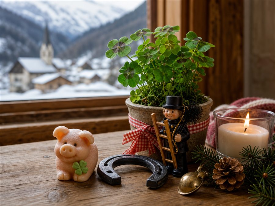 Kleeblatt, Schweinchen und kleine Glücksbringer als Neujahrsritual