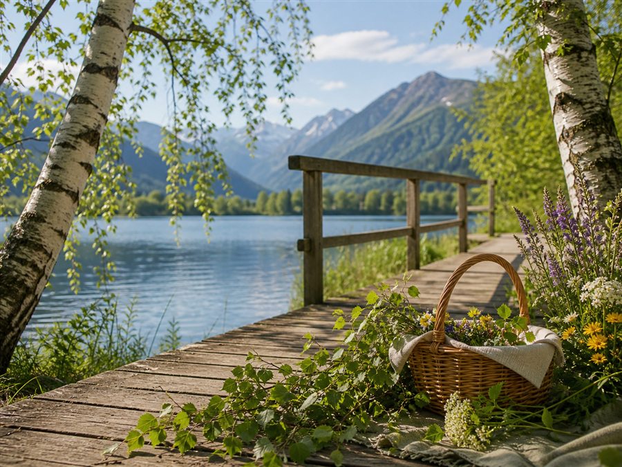 Frühsommerlicher See mit Picknickkorb als Pfingstmontag-Ausflugsidee
