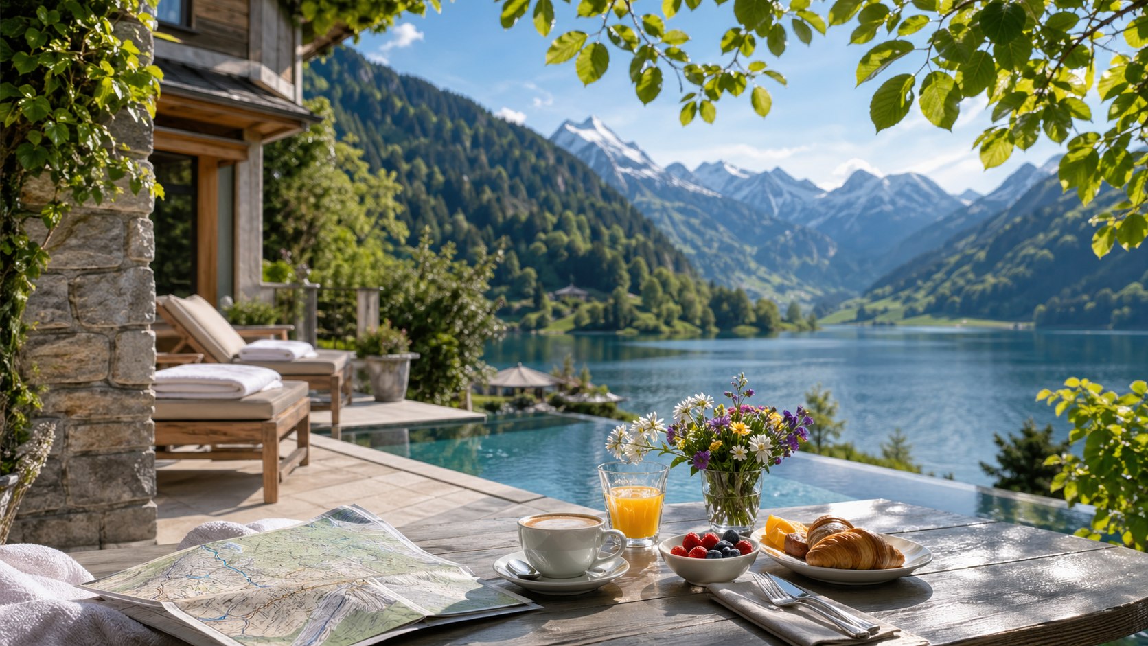 Alpine Hotelterrasse am See mit Frühstück, Karte und Spa-Liegen für einen Kurzurlaub zu Pfingsten