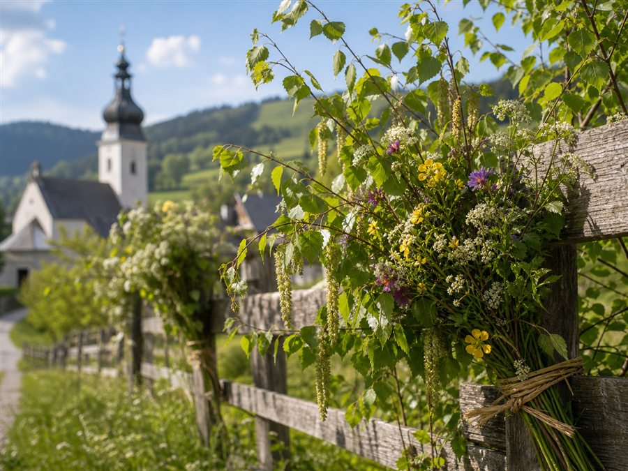 Birkenzweige und Wiesenblumen als regionaler Pfingstbrauch in Österreich
