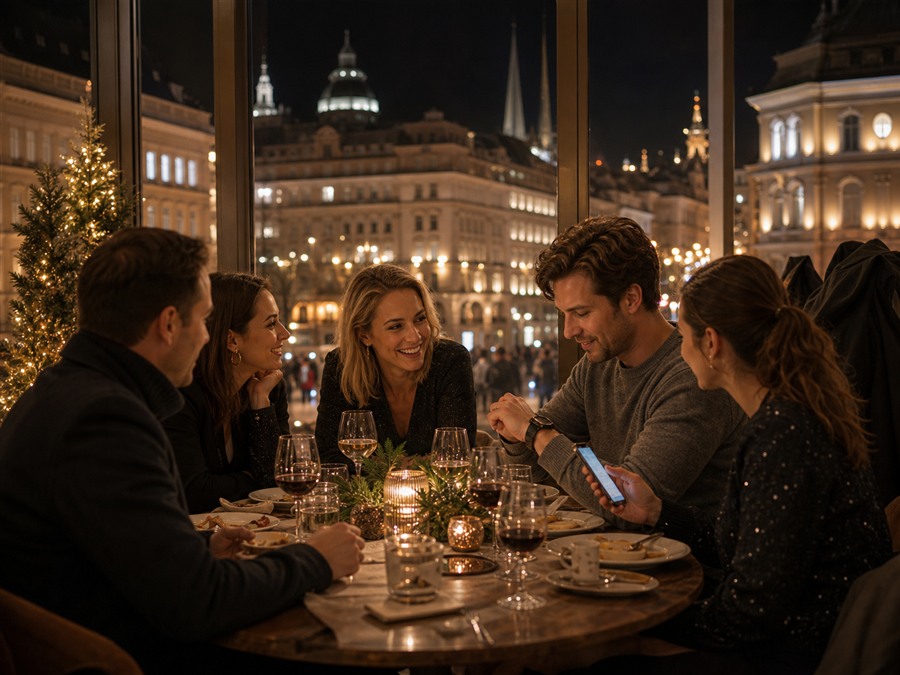 Silvesterdinner mit Uhr und Stadtlichtern als Hinweis auf Reservierung und Heimweg