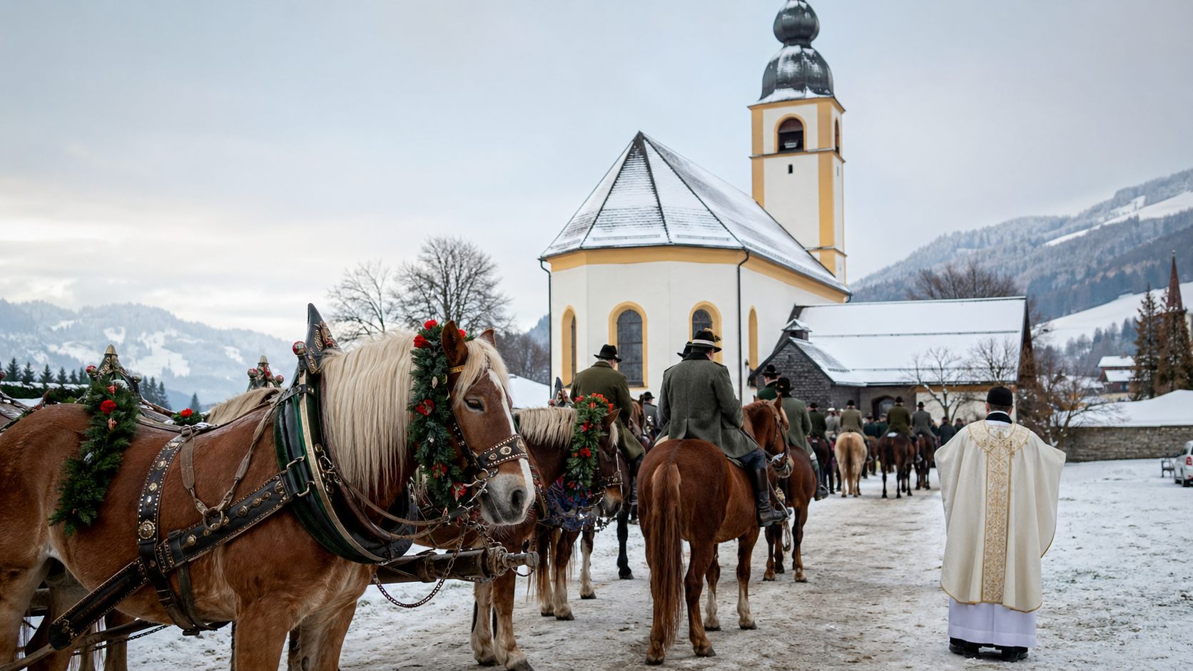 Winterliche Pferdesegnung als Symbol für Stefaniritt und regionale Bräuche am Stefanitag in Österreich